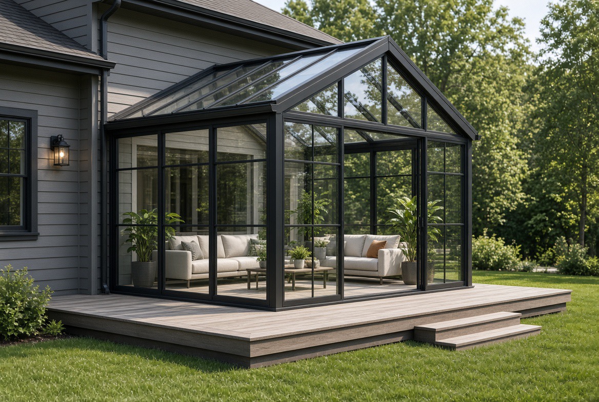 Elevated black-framed sunroom over pool area